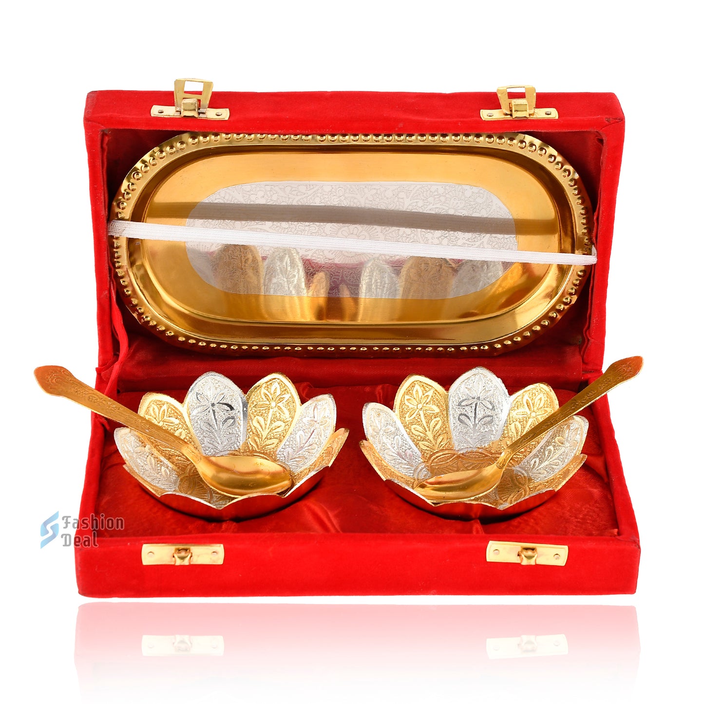 Gold & Silver Plated Kamal Lotus Bowl Spoon Tray Set With Red Velvet Box – Premium Gift for Weddings, Home Decor & Special Occasions