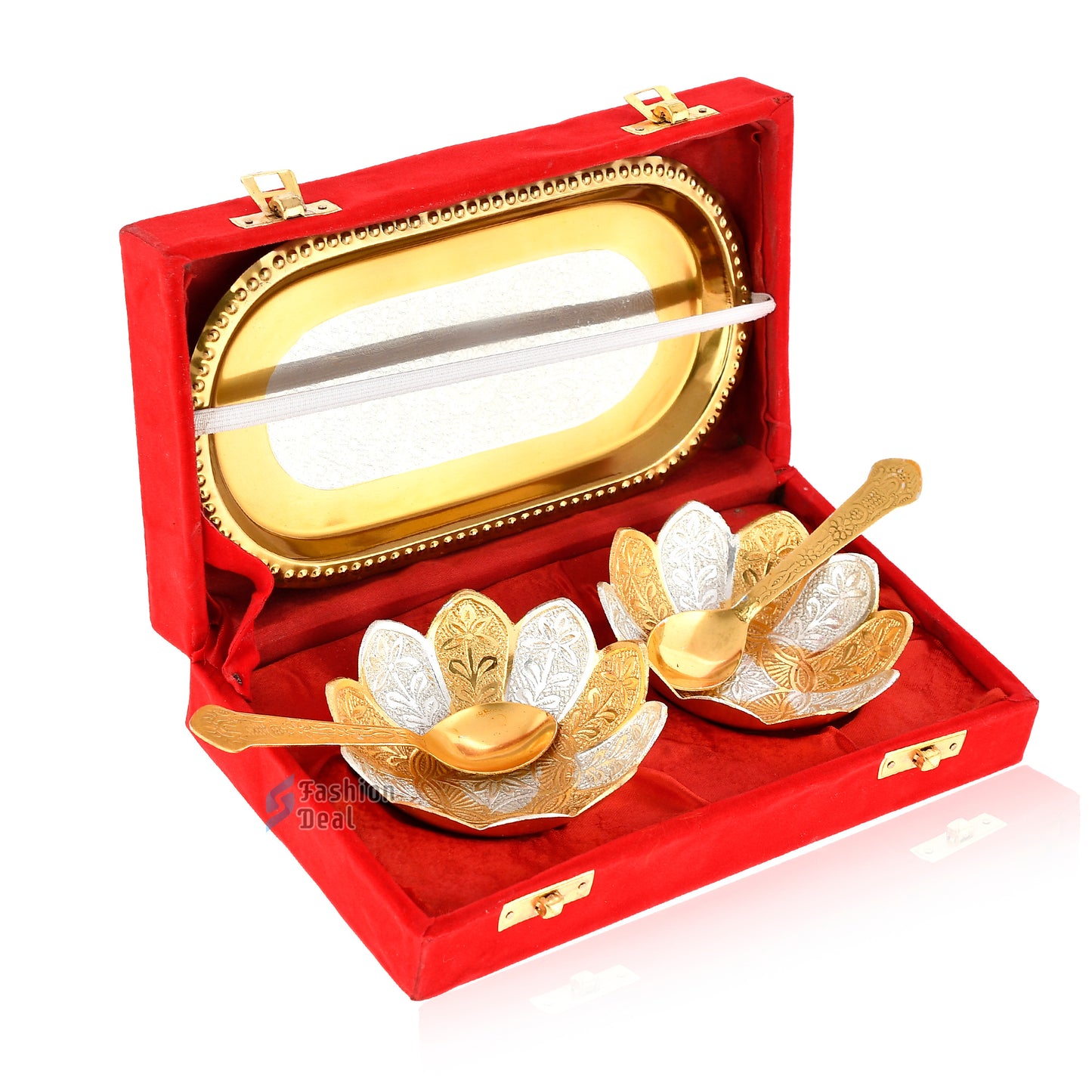 Gold & Silver Plated Kamal Lotus Bowl Spoon Tray Set With Red Velvet Box – Premium Gift for Weddings, Home Decor & Special Occasions