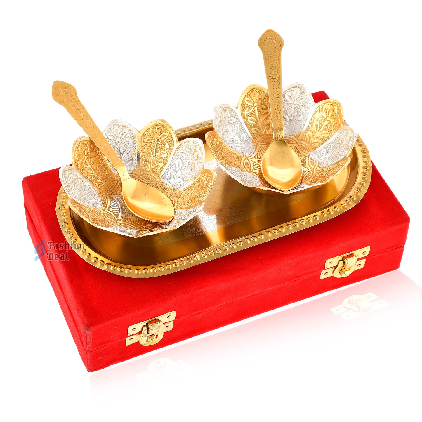 Gold & Silver Plated Kamal Lotus Bowl Spoon Tray Set With Red Velvet Box – Premium Gift for Weddings, Home Decor & Special Occasions