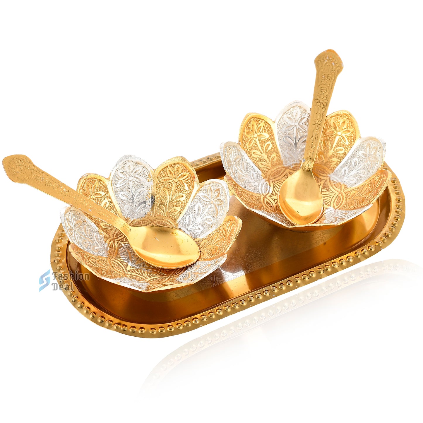Gold & Silver Plated Kamal Lotus Bowl Spoon Tray Set With Red Velvet Box – Premium Gift for Weddings, Home Decor & Special Occasions