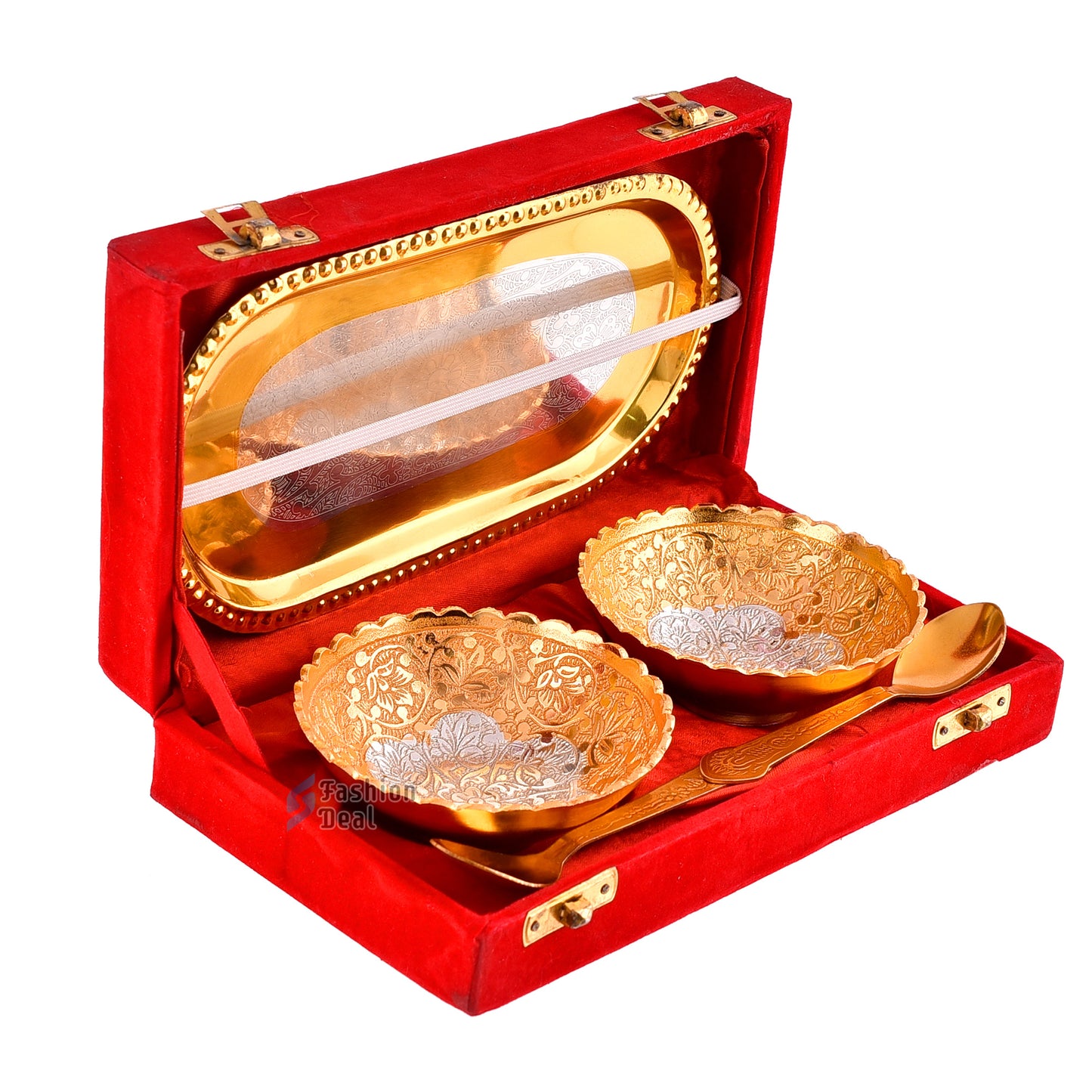 Gold & Silver Plated Round Bowl Spoon Tray Set With Red Velvet Box – Premium Gift for Weddings, Home Decor & Special Occasions