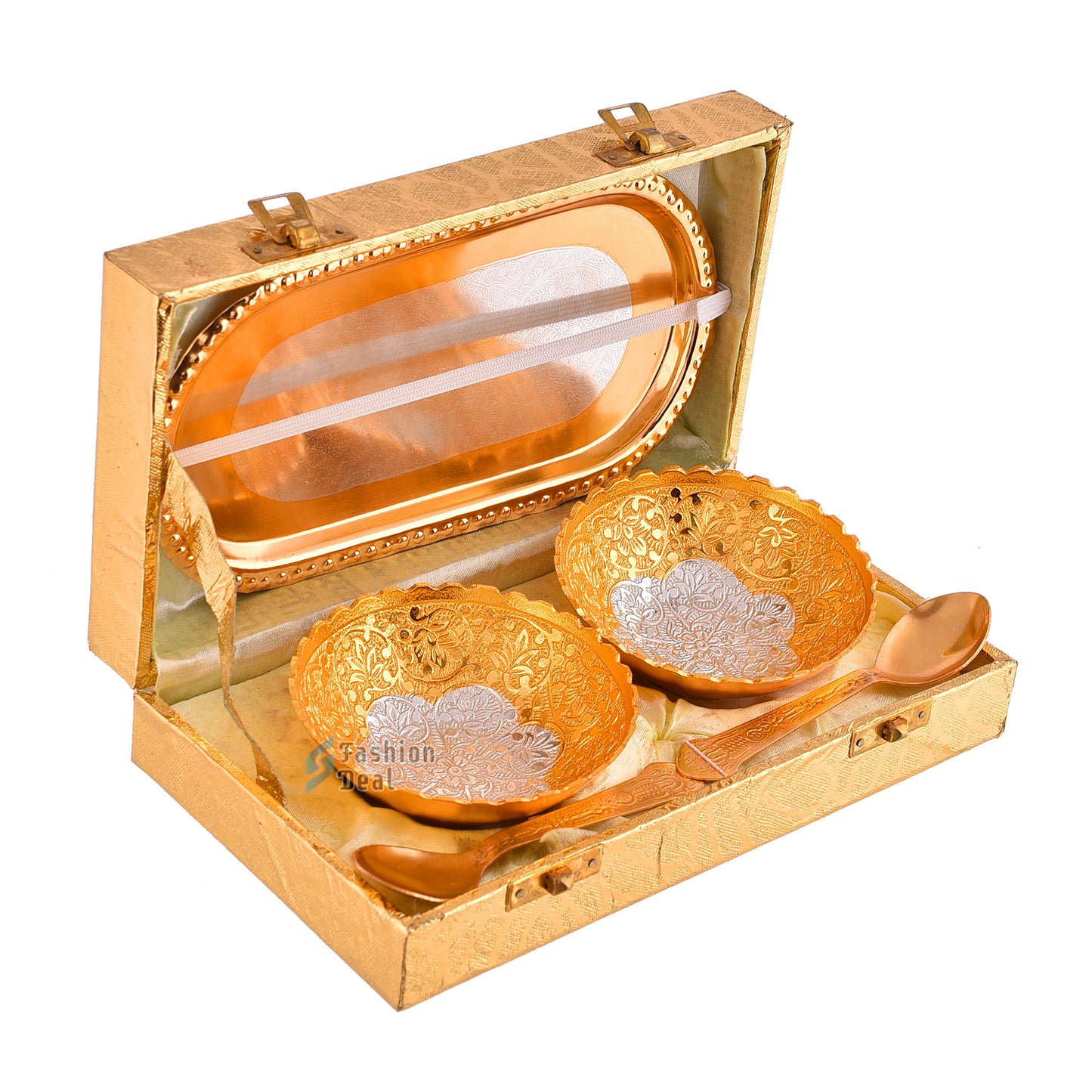 Gold & Silver Plated Round Bowl Spoon Tray Set With Golden Velvet Box – Premium Gift for Weddings, Home Decor & Special Occasions