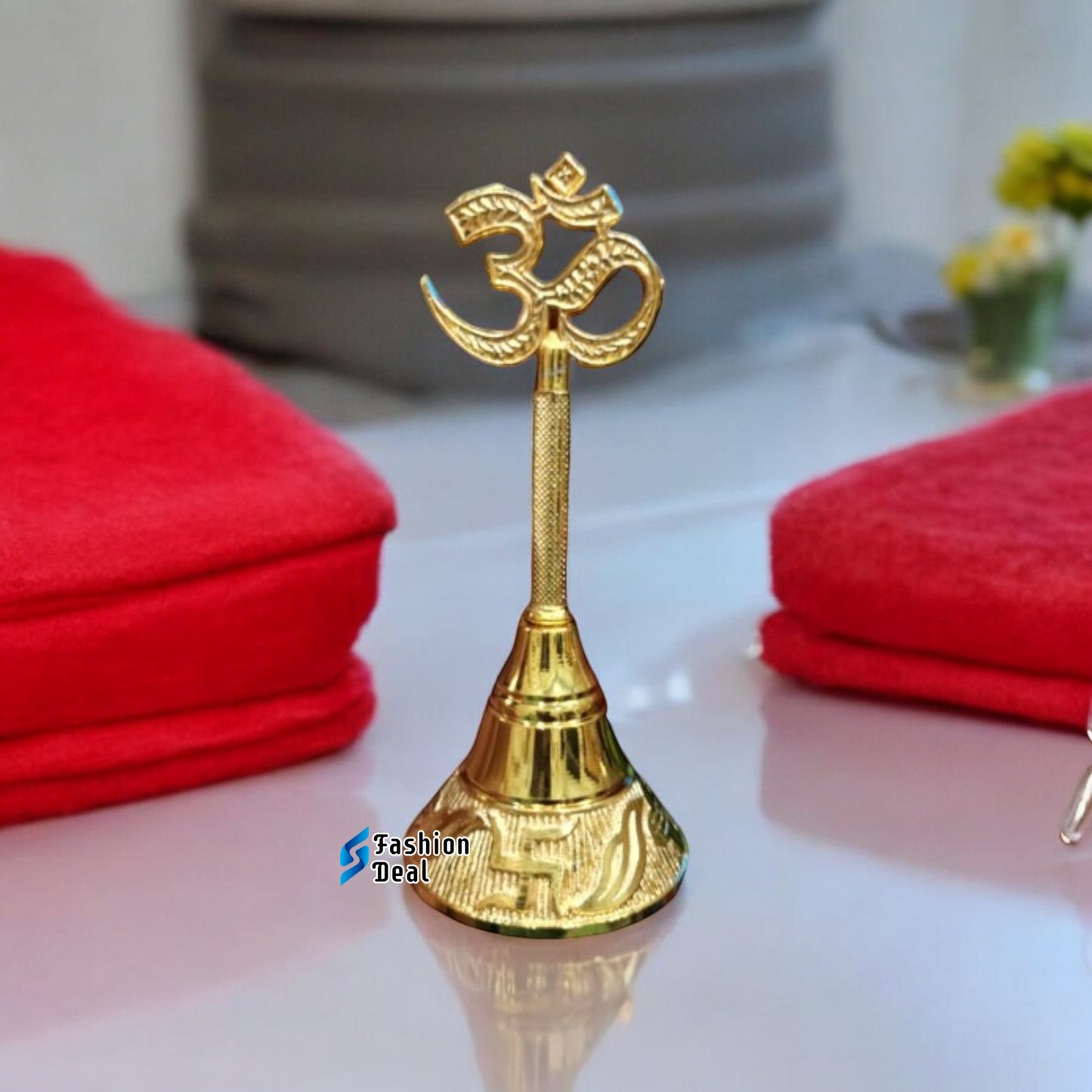 Decorative OM Design Metal Hand Bell for Pooja – Ghanti for Mandir, Home, and Office Temple