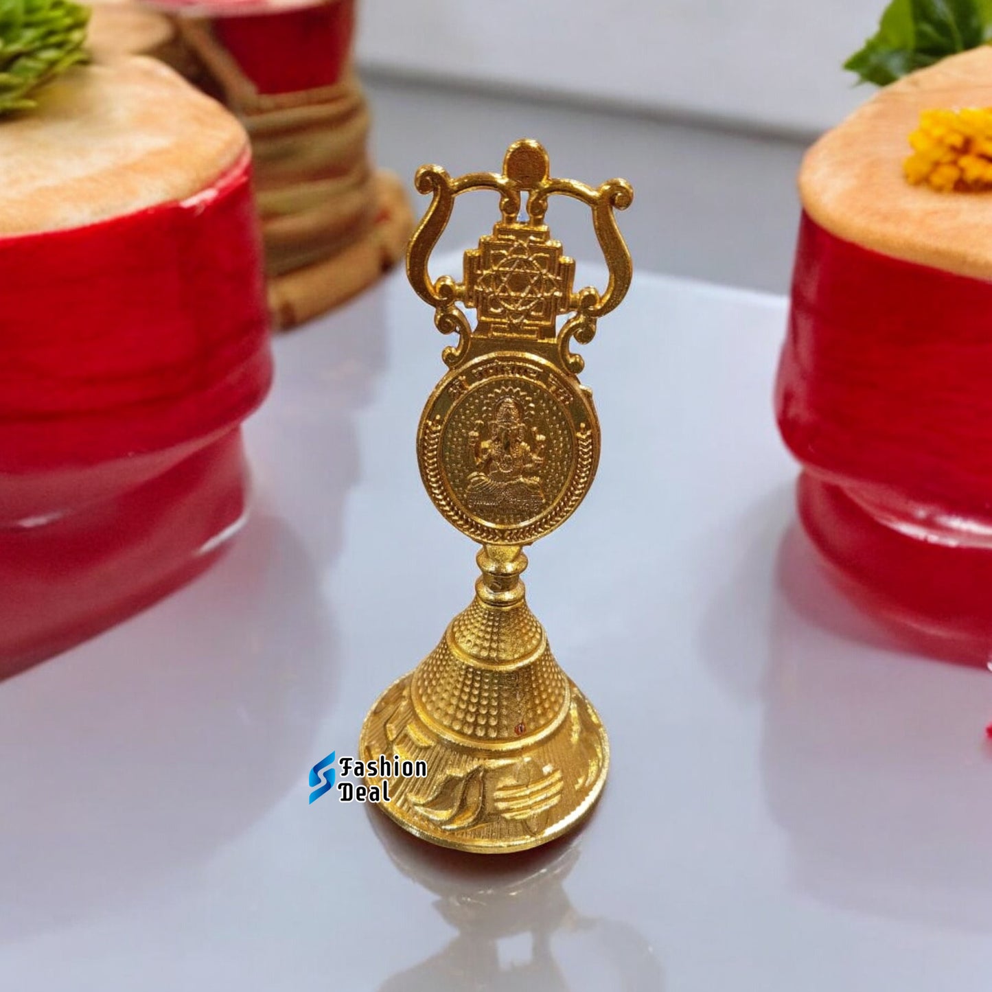 Decorative Laxmi Ganesh Design Metal Hand Bell for Pooja – Ghanti for Mandir, Home, and Office Temple