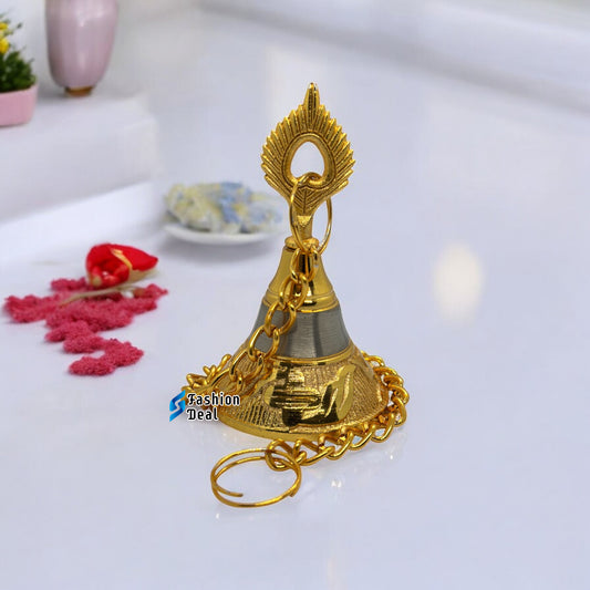 Decorative Krishna Mor Pankh With Chain Design Hanging Metal Hand Bell for Pooja – Ghanti for Mandir, Home, and Office Temple