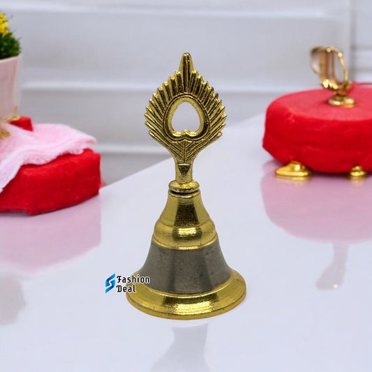 Decorative Krishna Mor Pankh Design Metal Hand Bell for Pooja – Ghanti for Mandir, Home, and Office Temple