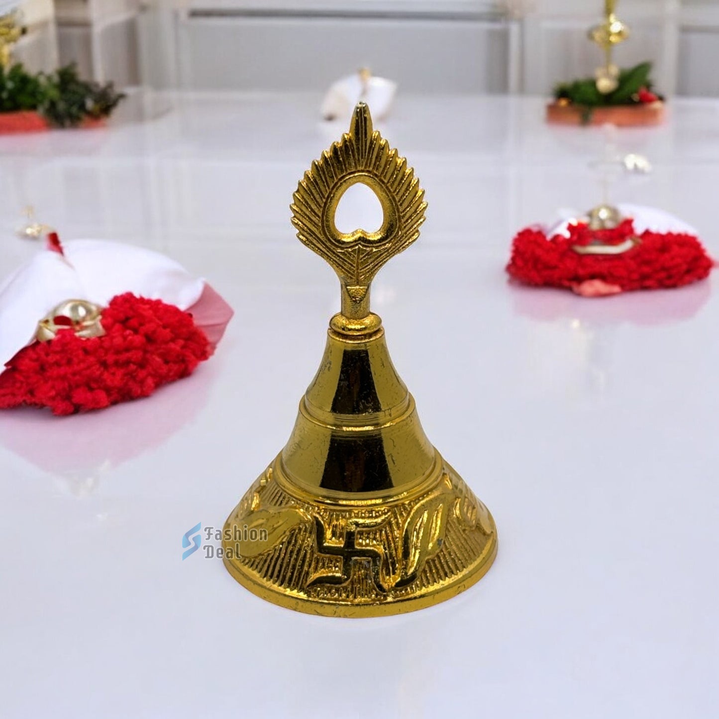 Decorative Krishna Mor Pankh Design Metal Hand Bell for Pooja – Ghanti for Mandir, Home, and Office Temple
