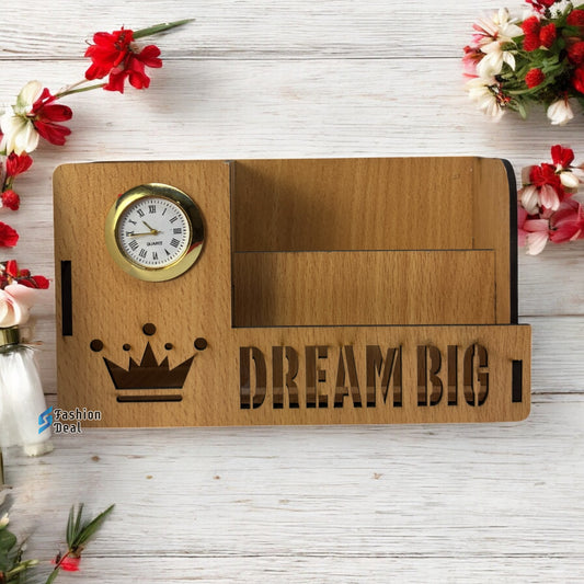 MDF Customized Table Pen Holder Stand with Clock For Desk Organizer