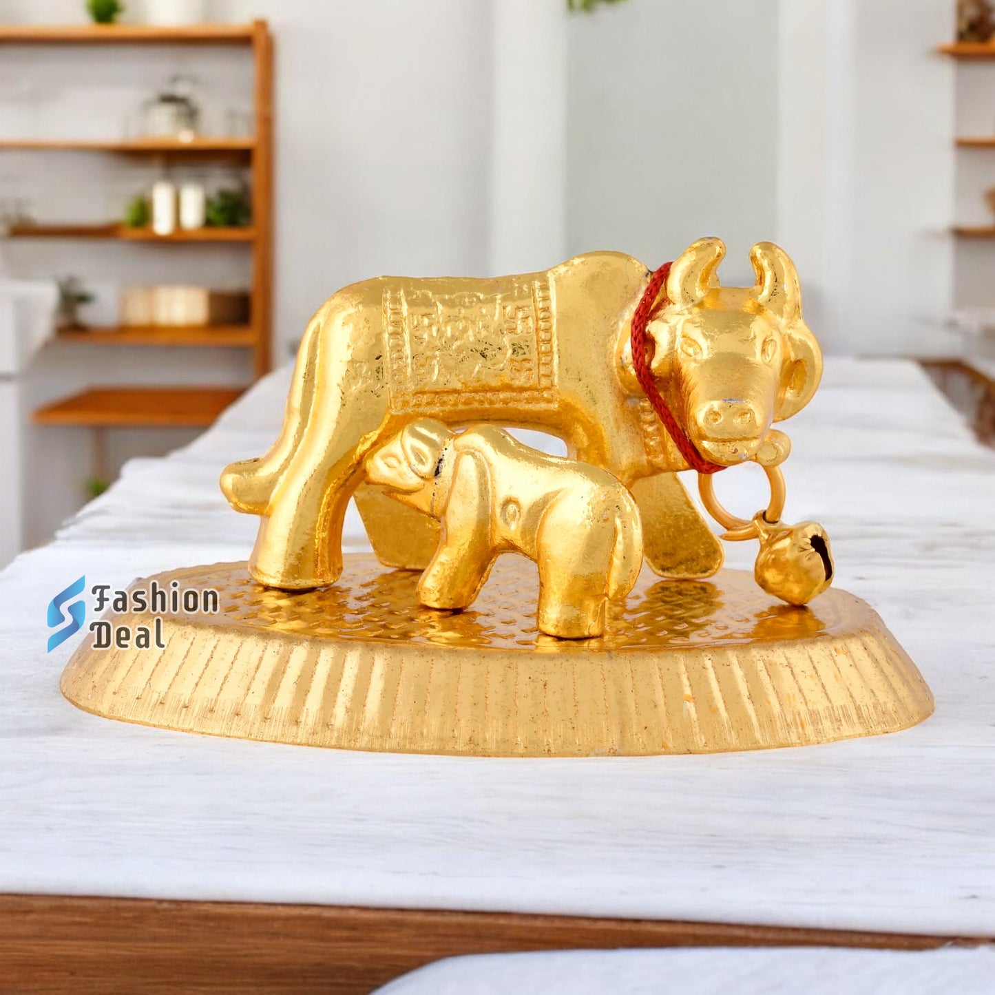 Metal Kamdhenu Cow and Calf Idol - Gold Finish Holy Vastu Spiritual Showpiece