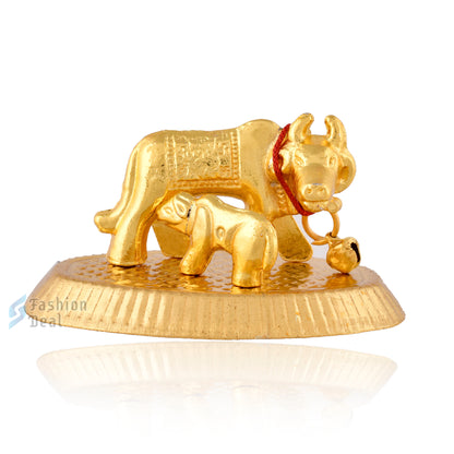 Metal Kamdhenu Cow and Calf Idol - Gold Finish Holy Vastu Spiritual Showpiece