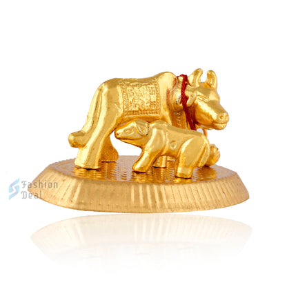 Metal Kamdhenu Cow and Calf Idol - Gold Finish Holy Vastu Spiritual Showpiece