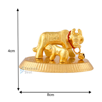 Metal Kamdhenu Cow and Calf Idol - Gold Finish Holy Vastu Spiritual Showpiece