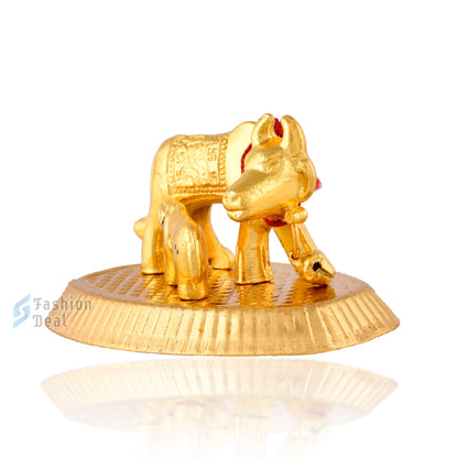 Metal Kamdhenu Cow and Calf Idol - Gold Finish Holy Vastu Spiritual Showpiece