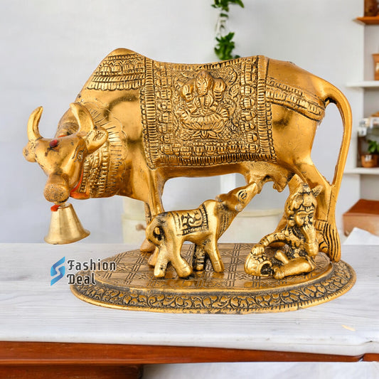 Metal Kamdhenu Cow and Calf Idol - Gold Finish Holy Vastu Spiritual Showpiece