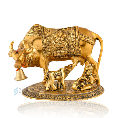 Metal Kamdhenu Cow and Calf Idol - Gold Finish Holy Vastu Spiritual Showpiece