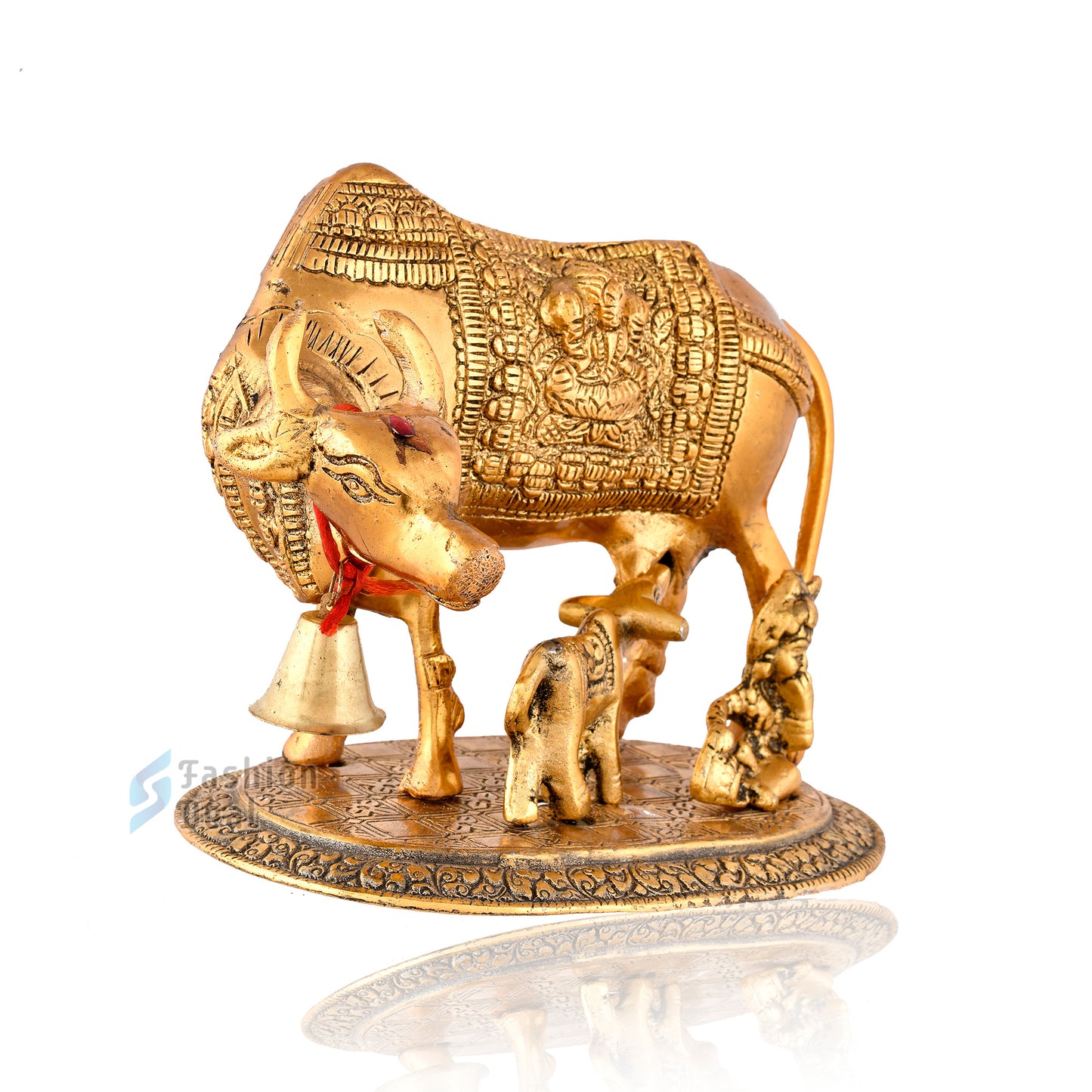 Metal Kamdhenu Cow and Calf Idol - Gold Finish Holy Vastu Spiritual Showpiece