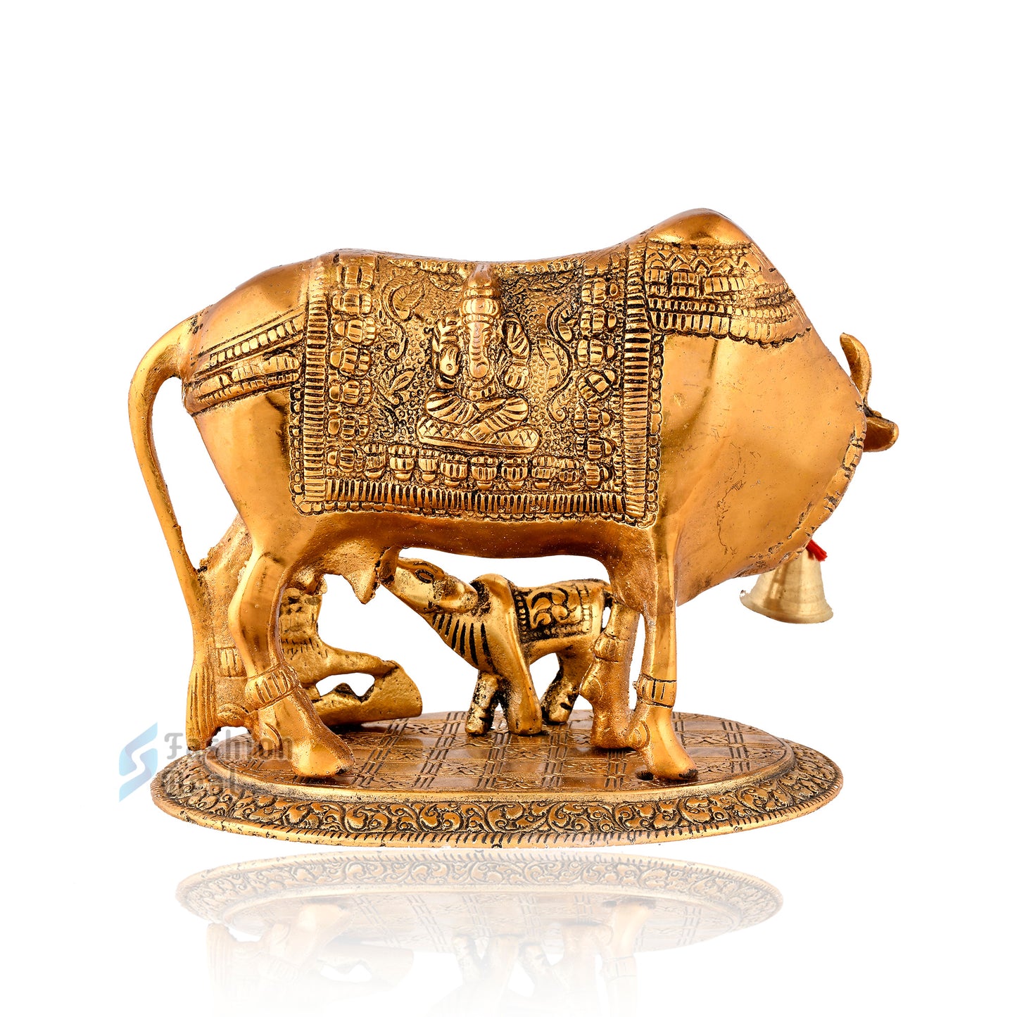 Metal Kamdhenu Cow and Calf Idol - Gold Finish Holy Vastu Spiritual Showpiece