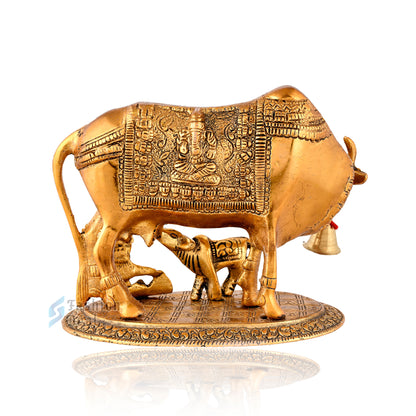 Metal Kamdhenu Cow and Calf Idol - Gold Finish Holy Vastu Spiritual Showpiece