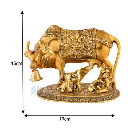 Metal Kamdhenu Cow and Calf Idol - Gold Finish Holy Vastu Spiritual Showpiece