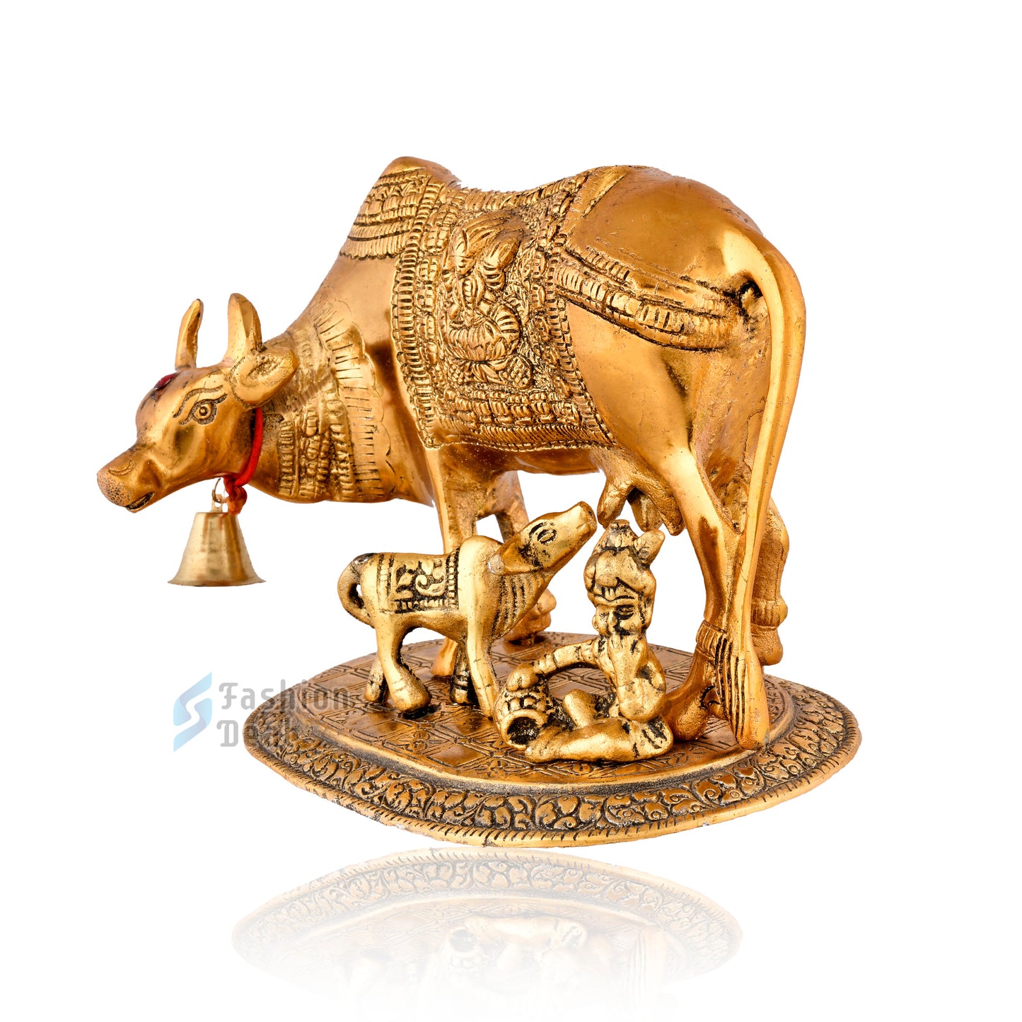 Metal Kamdhenu Cow and Calf Idol - Gold Finish Holy Vastu Spiritual Showpiece