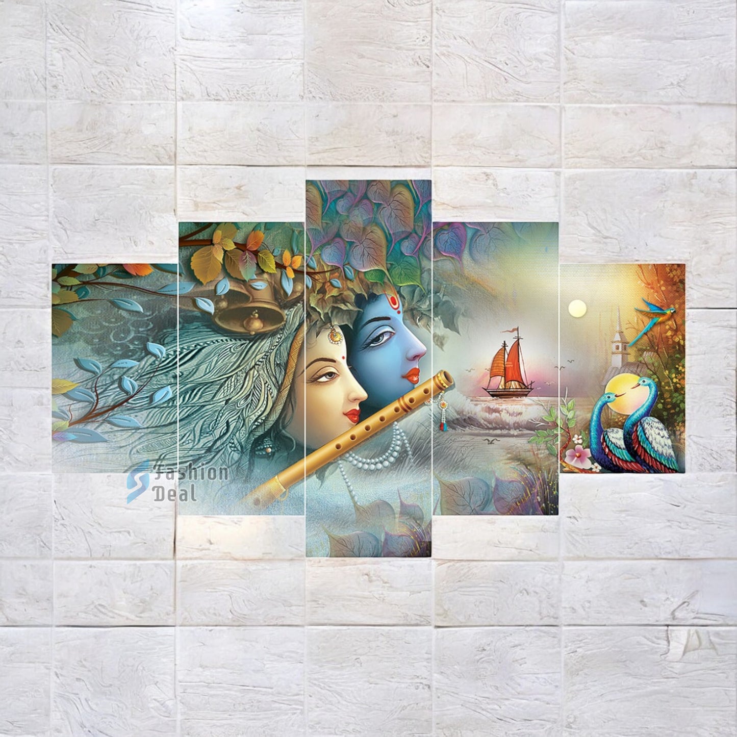 MDF Framed 3D Radha Krishna Wall Painting Set of 5 Pcs for Home Decoration