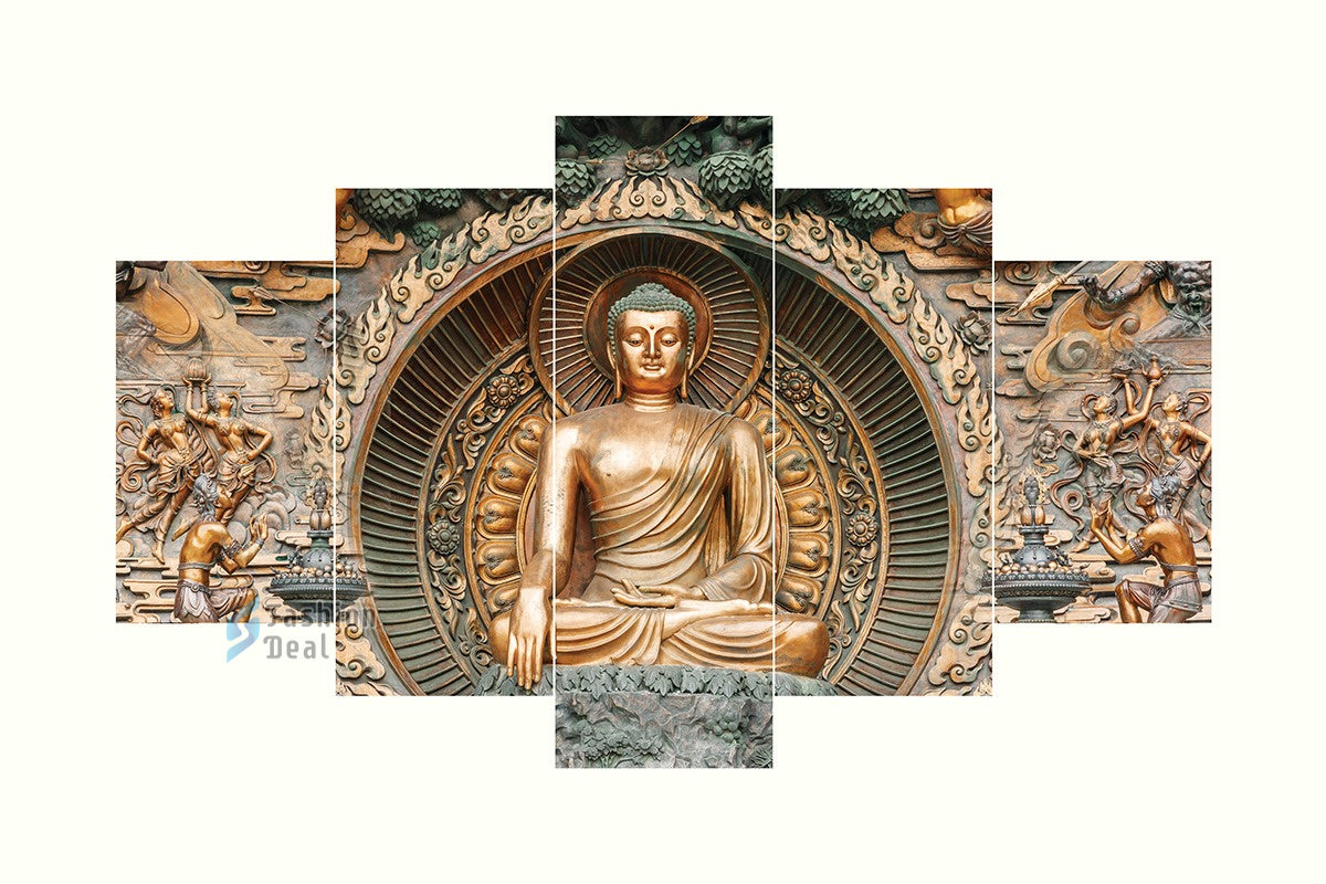 MDF Framed 3D Buddha Wall Painting Set of 5 Pcs for Home Decoration