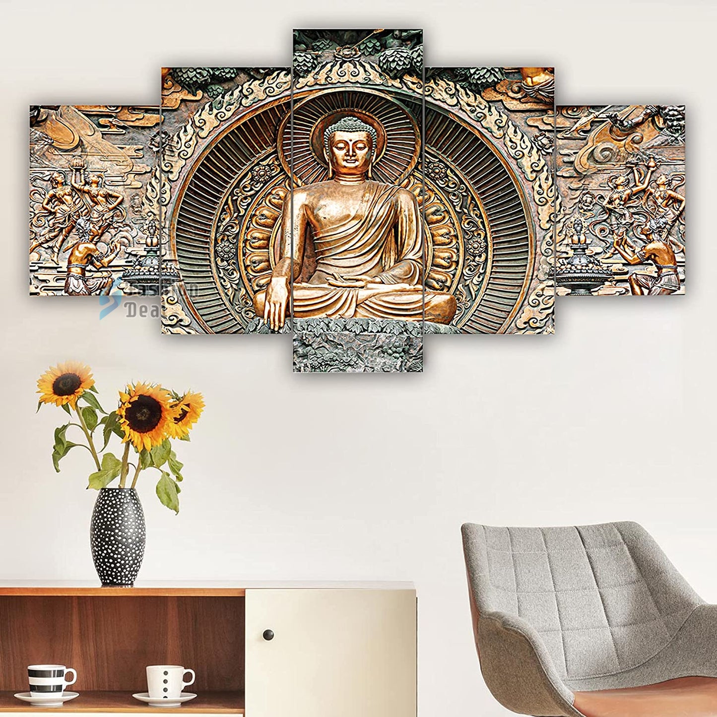 MDF Framed 3D Buddha Wall Painting Set of 5 Pcs for Home Decoration