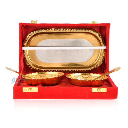 Gold & Silver Plated Round Bowl Spoon Tray Set With Red Velvet Box – Premium Gift for Weddings, Home Decor & Special Occasions