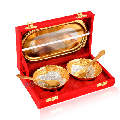 Gold & Silver Plated Round Bowl Spoon Tray Set With Red Velvet Box – Premium Gift for Weddings, Home Decor & Special Occasions