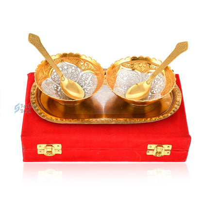 Gold & Silver Plated Round Bowl Spoon Tray Set With Red Velvet Box – Premium Gift for Weddings, Home Decor & Special Occasions