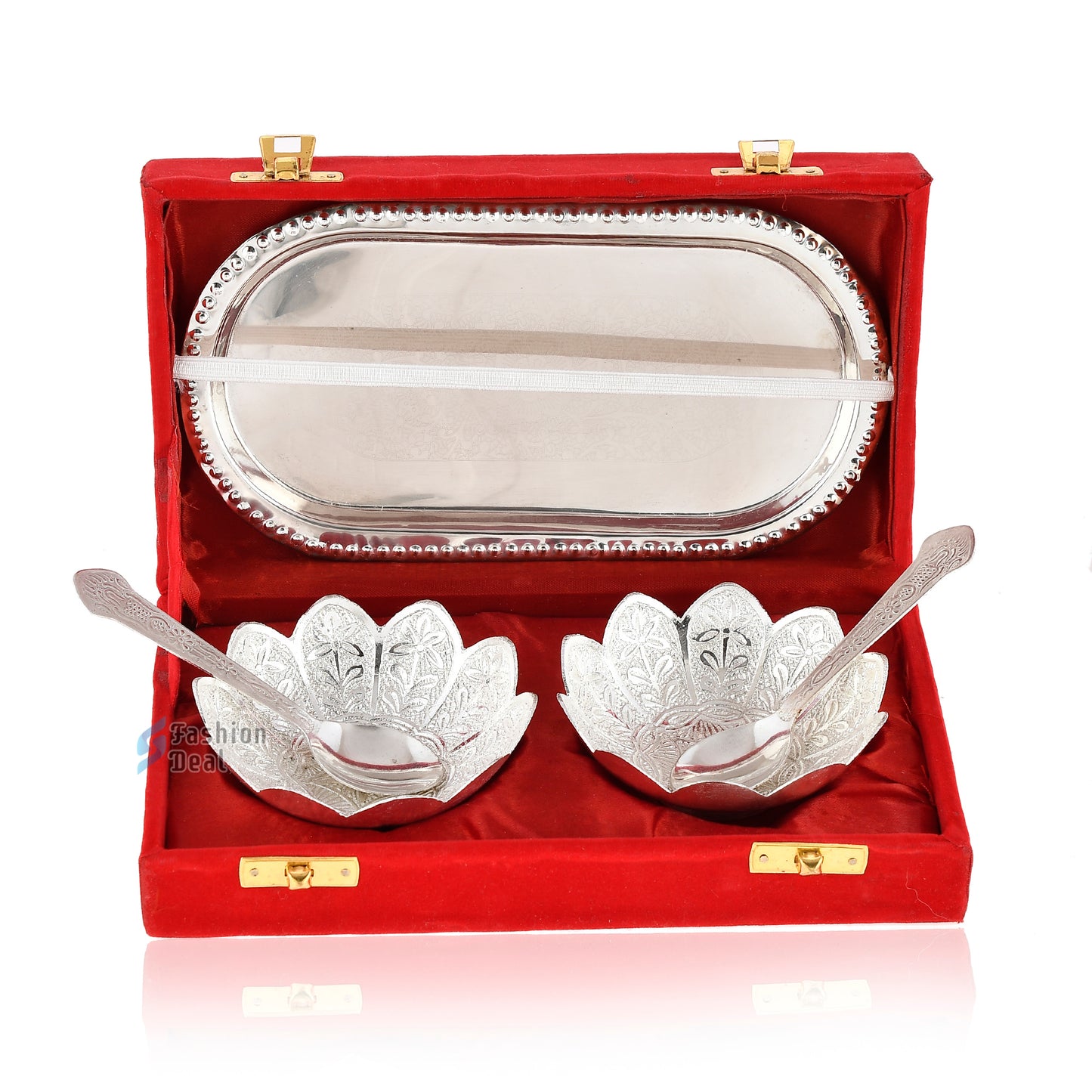 Silver Plated Kamal Lotus Bowl Spoon Tray Set With Red Velvet Box – Premium Gift for Weddings, Home Decor & Special Occasions