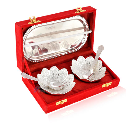 Silver Plated Kamal Lotus Bowl Spoon Tray Set With Red Velvet Box – Premium Gift for Weddings, Home Decor & Special Occasions