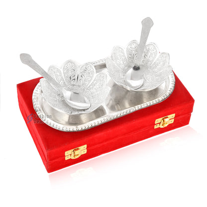 Silver Plated Kamal Lotus Bowl Spoon Tray Set With Red Velvet Box – Premium Gift for Weddings, Home Decor & Special Occasions