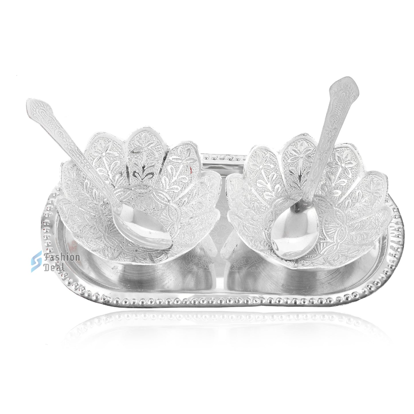 Silver Plated Kamal Lotus Bowl Spoon Tray Set With Red Velvet Box – Premium Gift for Weddings, Home Decor & Special Occasions