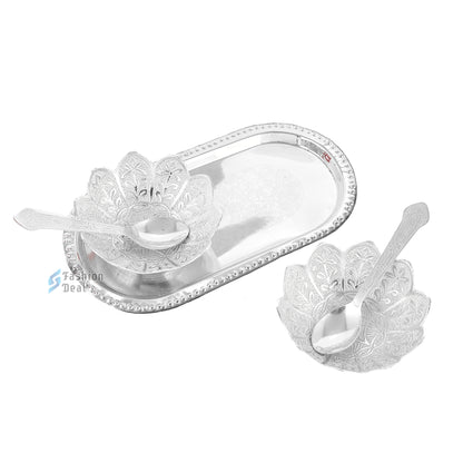 Silver Plated Kamal Lotus Bowl Spoon Tray Set With Red Velvet Box – Premium Gift for Weddings, Home Decor & Special Occasions