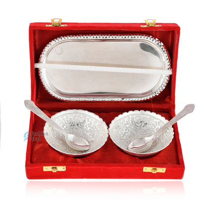 Silver Plated Round Bowl Spoon Tray Set With Red Velvet Box – Premium Gift for Weddings, Home Decor & Special Occasions