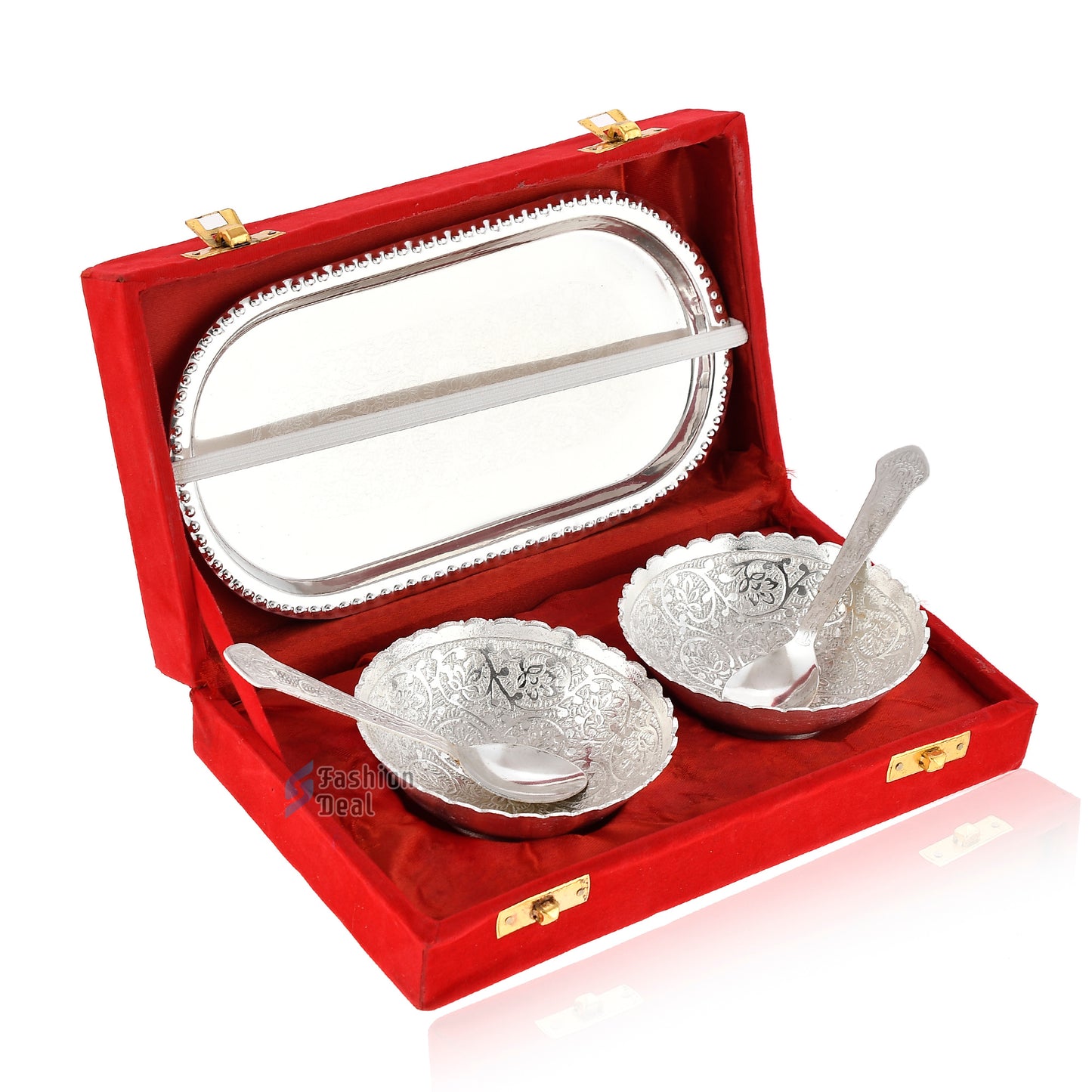 Silver Plated Round Bowl Spoon Tray Set With Red Velvet Box – Premium Gift for Weddings, Home Decor & Special Occasions