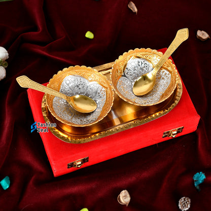 Gold & Silver Plated Round Bowl Spoon Tray Set With Red Velvet Box – Premium Gift for Weddings, Home Decor & Special Occasions