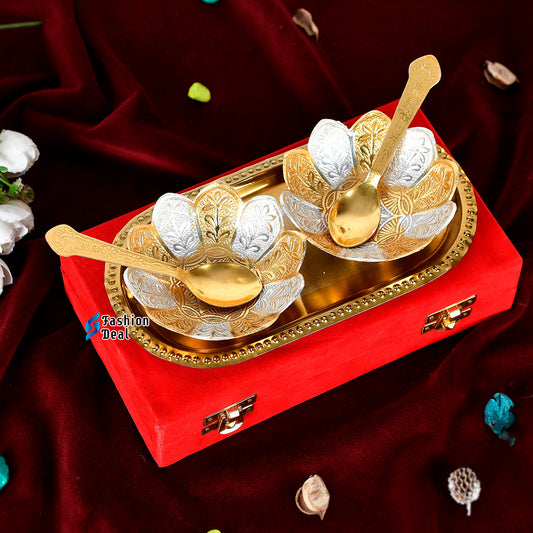 Gold & Silver Plated Kamal Lotus Bowl Spoon Tray Set With Red Velvet Box – Premium Gift for Weddings, Home Decor & Special Occasions