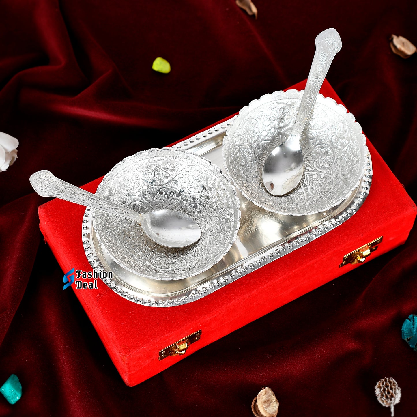 Silver Plated Round Bowl Spoon Tray Set With Red Velvet Box – Premium Gift for Weddings, Home Decor & Special Occasions