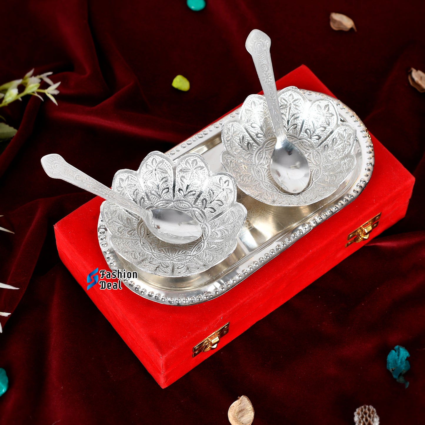 Silver Plated Kamal Lotus Bowl Spoon Tray Set With Red Velvet Box – Premium Gift for Weddings, Home Decor & Special Occasions