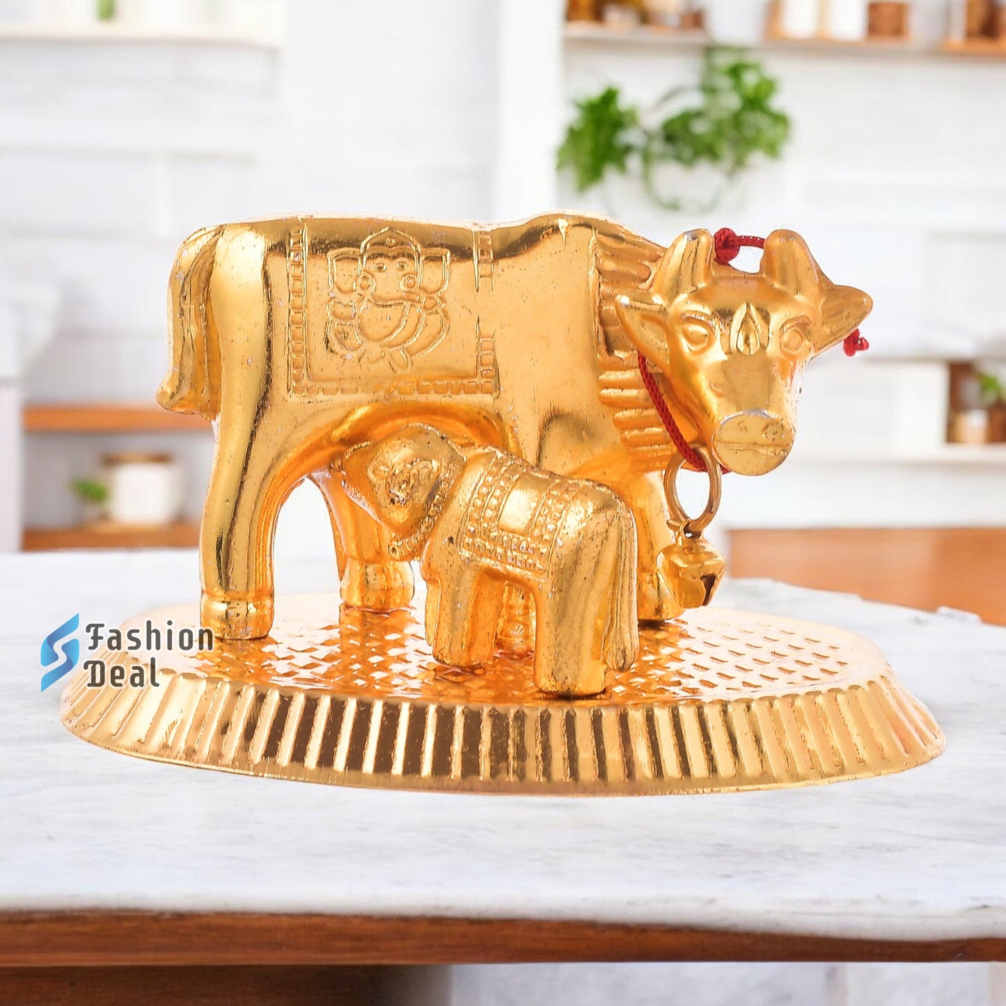 Metal Kamdhenu Cow and Calf Idol - Gold Finish Holy Vastu Spiritual Showpiece