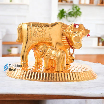 Metal Kamdhenu Cow and Calf Idol - Gold Finish Holy Vastu Spiritual Showpiece