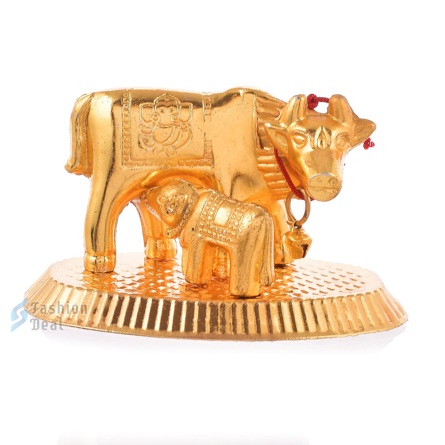 Metal Kamdhenu Cow and Calf Idol - Gold Finish Holy Vastu Spiritual Showpiece