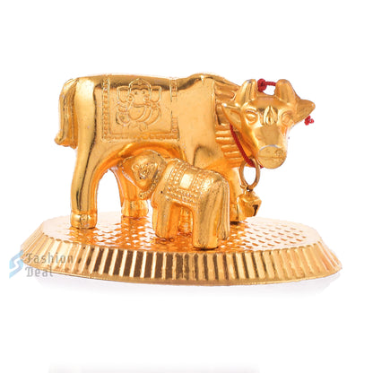 Metal Kamdhenu Cow and Calf Idol - Gold Finish Holy Vastu Spiritual Showpiece