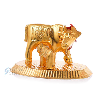 Metal Kamdhenu Cow and Calf Idol - Gold Finish Holy Vastu Spiritual Showpiece