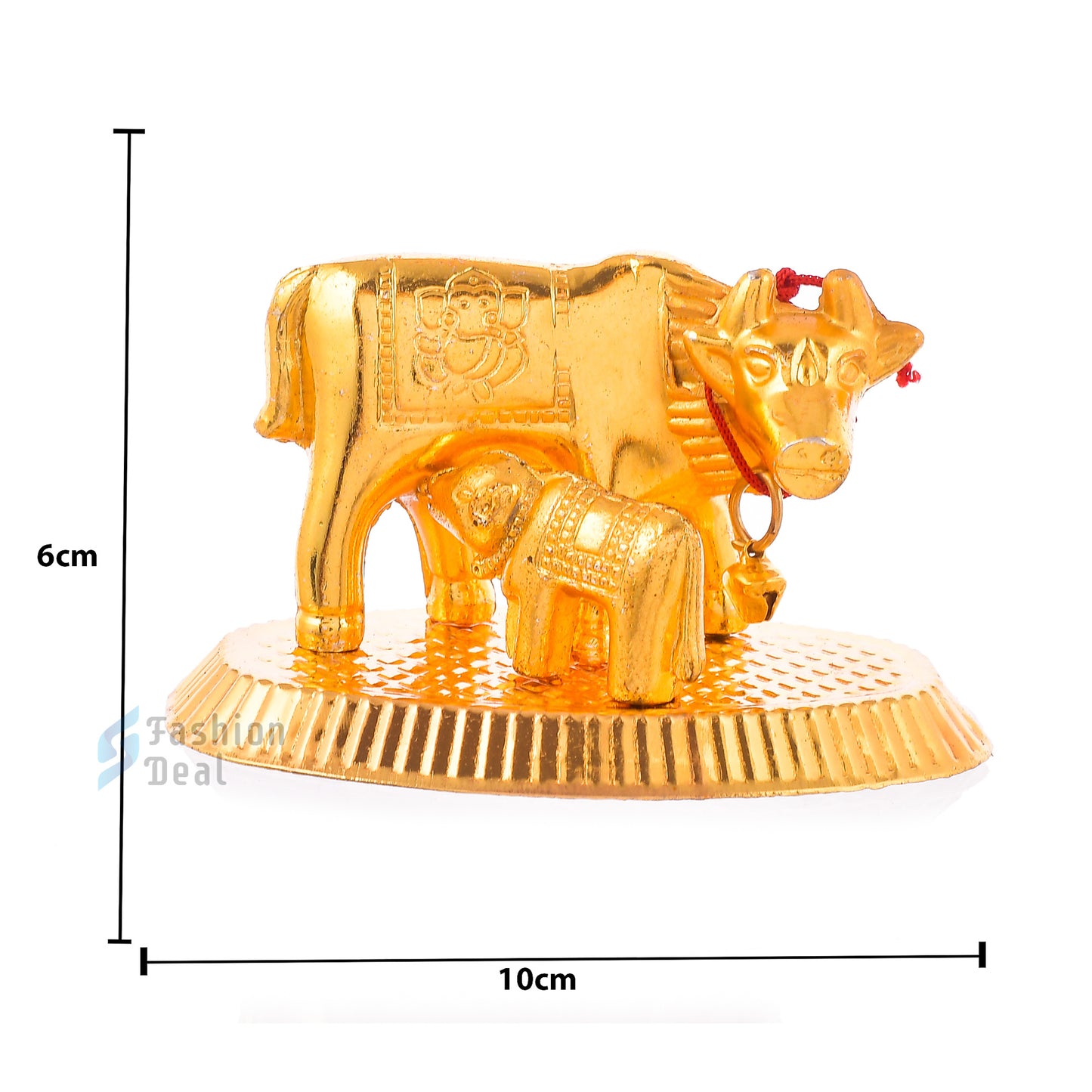 Metal Kamdhenu Cow and Calf Idol - Gold Finish Holy Vastu Spiritual Showpiece