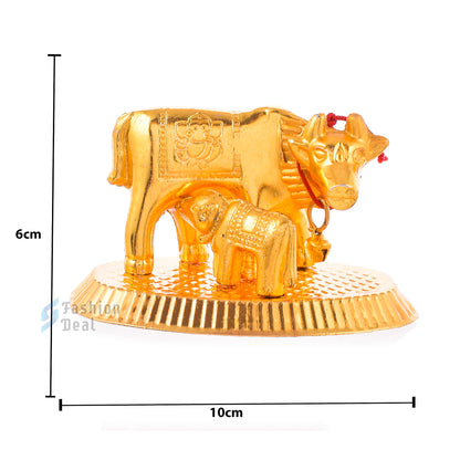 Metal Kamdhenu Cow and Calf Idol - Gold Finish Holy Vastu Spiritual Showpiece