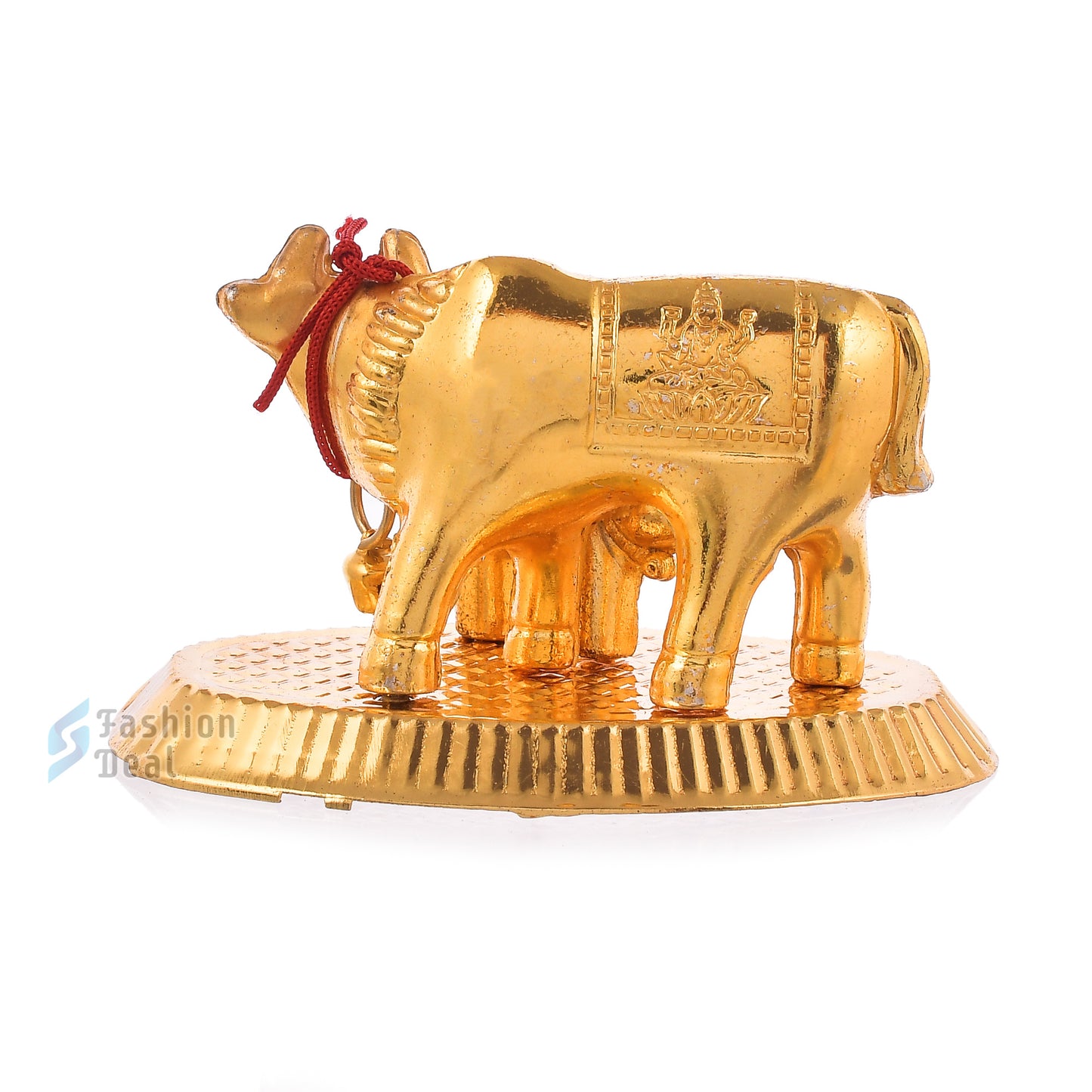 Metal Kamdhenu Cow and Calf Idol - Gold Finish Holy Vastu Spiritual Showpiece