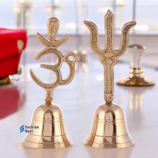 Decorative Om & Trushil Brass Hand Bell for Pooja – Ghanti for Mandir, Home, and Office Temple